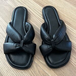 Schutz Black Leather Sandals, Women’s Slip-In Leather Slides in Size 6.5, Flats